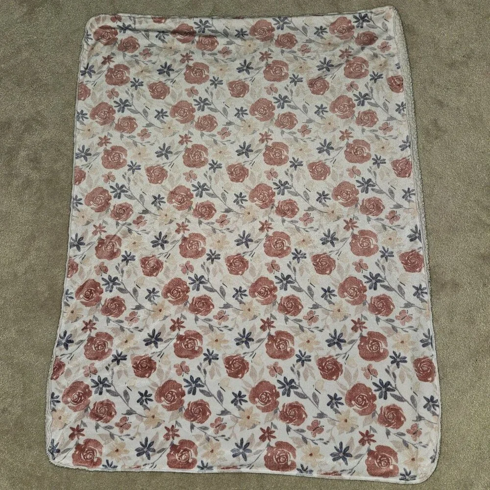 Chick Pea Pink Purple Gray Rose Floral Baby Blanket Soft Fleece Sherpa 30x40